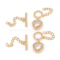 Brass Micro Pave Clear Cubic Zirconia Chain Extender, with Toggle Clasps, Heart, Real 18K Gold Plated, Ring: 12x2mm, Bar: 6x17.7x2.2mm(ZIRC-Q025-06G)