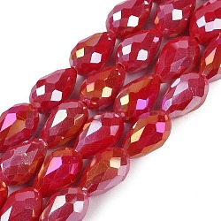 Opaque Solid Color Electroplate Glass Beads Strands, AB Color Plated, Faceted, Teardrop, Crimson, 11.5x8mm, Hole: 1.2mm, about 55~57pcs/strand, 25.59 inch(65cm)(EGLA-N013-P8mm-B07)