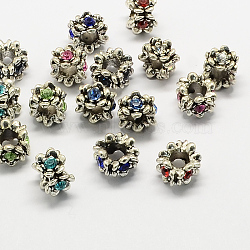 Alloy Rhinestone European Beads, Flower Large Hole Beads, Antique Silver, Mixed Color, 11x9mm, Hole: 5mm(MPDL-R036-20)