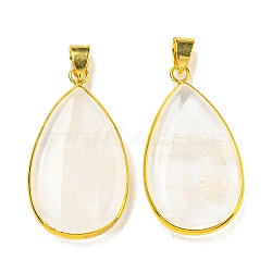 Natural Quartz Crystal Pendants, Golden Tone Rack Plating Brass Rock Crystal Teardrop Charms, 35x19x11.5mm, Hole: 4x5mm(G-K338-20G)