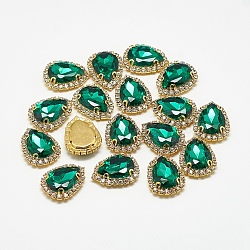 Sew on Rhinestone, Multi-strand Links, Glass Rhinestones, with Brass Findings, Garments Accessories, teardrop, Golden, Med.Emerald, 30x23x9mm, Hole: 1mm(RGLA-T122-18x25-15G)