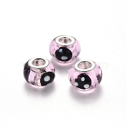 Handmade Lampwork European Beads, Large Hole Rondelle Beads, with Platinum Tone Brass Double Cores, Black, 15~16x14x9~10mm, Hole: 5mm(LPDL-N001-005)