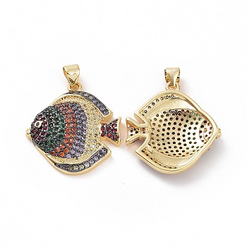 Brass Micro Pave Clear Cubic Zirconia Pendants, Fish, Colorful, 25x23x4mm, Hole: 3.5x5mm