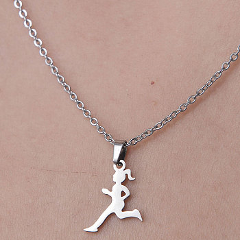 201 Stainless Steel Running Girl Pendant Necklace, Stainless Steel Color, 17.72 inch(45cm)