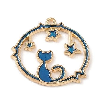 Alloy Enamel Pendants, Light Gold, Ring with Cat Shape, Steel Blue, 22.5x24x1.5mm, Hole: 1.4mm