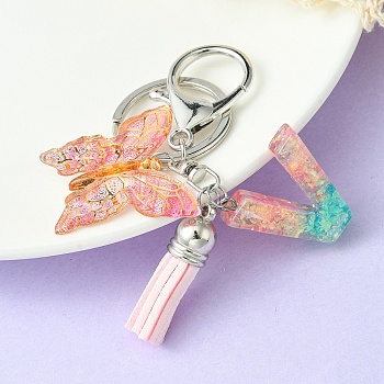 Resin & Acrylic Keychains, with Alloy Split Key Rings and Faux Suede Tassel Pendants, Letter & Butterfly, Letter V, 8.6cm