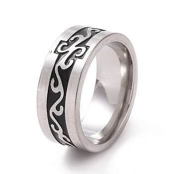 Black Enamel Ricrac Finger Ring, 201 Stainless Steel Jewelry for Women, Stainless Steel Color, Inner Diameter: 17mm