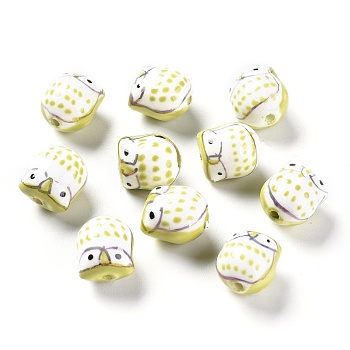 Handmade Porcelain Beads, Famille Rose Porcelain, Owl, Yellow Green, 17x15x13mm, Hole: 3mm