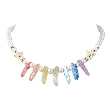 Dyed Natural Crackle Quartz Crystal Bid Necklaces for Women, Shell Pearl Beads Necklaces, 16.06 inch(40.8cm)