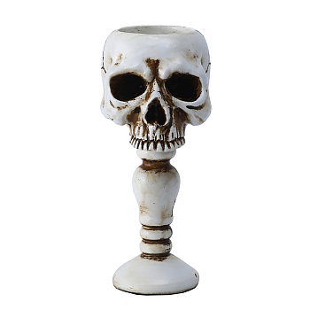 Halloween Theme Resin Candle Holder, Round Tealight Candlestick, Skull Shape, White, 6.5x7.5x15cm, Inner Diameter: 4.3cm