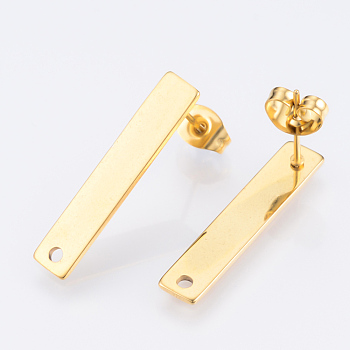 201 Stainless Steel Stud Earring Findings, with 304 Stainless Steel Pins, Rectangle, Golden, 25x5mm, Hole: 1.5mm, Pin: 0.8mm