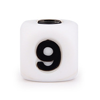 Silicone Beads, for Bracelet or Necklace Making, Black Arabic Numerals Style, White Cube, Num.9, 10x10x10mm, Hole: 2mm