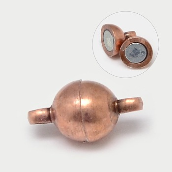 Round Brass Magnetic Clasps with Loops, Red Copper, 11.5x6mm, Hole: 1.2mm