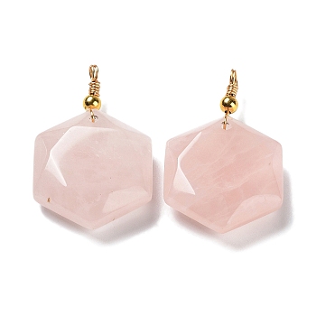Natural Rose Quartz Pendants, with Rack Plating Golden Tone Brass Loops, Faceted Star, 39~40x25x8.5~10mm, Hole: 3mm