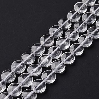 Natural Quartz Crystal Beads Strands, Rock Crystal Beads, Flat Round, Faceted, 10~10.5x5mm, Hole: 1mm, about 40pcs/strand, 15.75 inch(40cm)