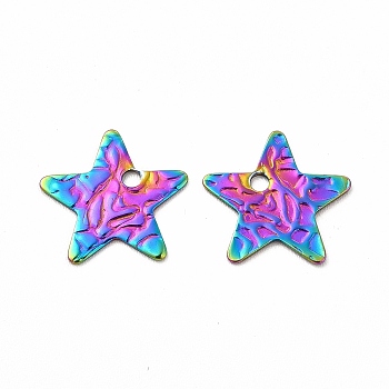 Ion Plating(IP) 304 Stainless Steel Charms, Textured, Star Charm, Rainbow Color, 11.5x12x0.6mm, Hole: 1.4mm