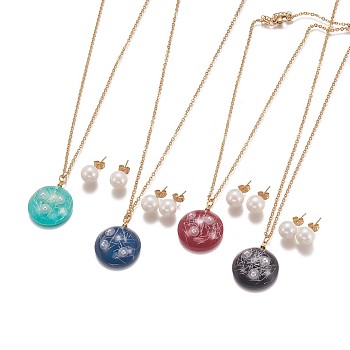 304 Stainless Steel Jewelry Sets, Resin Pendant Necklaces and Acrylic Beads Stud Earrings, with Ear Nuts/Earring Back, Flat Round, Mixed Color, 17.9~18 inch(45.5~45.9cm), 2mm, 10mm, Pin: 0.8mm