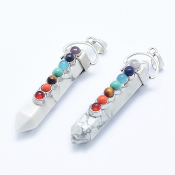 Chakra Jewelry, Natural Howlite Double Terminated Pointed Pendants, with Natural & Synthetic Mixed Stone Alloy Findings, Bullet, Platinum, 58~61x16.5~18x15.5~16mm, Hole: 4.5x7.5mm