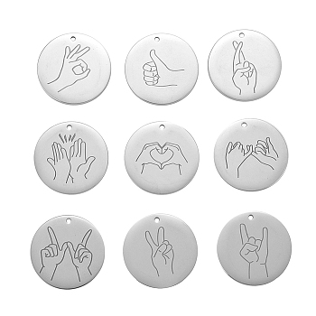 304 Stainless Steel Pendants, ASL Pendants, Flat Round with Gesture Language, Stainless Steel Color, 25x2mm, Hole: 2mm, 9 patterns, 1pc/pattern, 9pcs/box