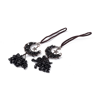 Natural Black Agate Moon with Chips Tassel Pendant Decorations, with Rack Plating Red Copper Plated Brass Findings, Cadmium Free & Lead Free, 205~208mm
