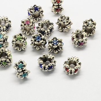 Alloy Rhinestone European Beads, Flower Large Hole Beads, Antique Silver, Mixed Color, 11x9mm, Hole: 5mm