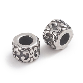 304 Stainless Steel Beads, Large Hole Beads, Column with Fleur De Lis, Antique Silver, 9x6.5mm, Hole: 4.5mm