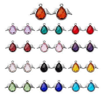 26 Pcs 13 Colors Faceted Glass Pendants, with Eco-Friendly Alloy Findings, Cadmium Free & Nickel Free & Lead Free, Angel, Silver, 18x22x4.5mm, Hole: 1.6mm, 2pcs/color