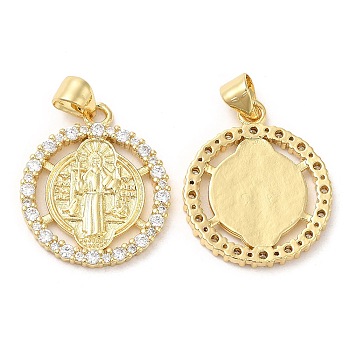 Rack Plating Brass Pendants, with Cubic Zirconia, Flat Round, Real 16K Gold Plated, 21x18x2mm, Hole: 4x3.5mm