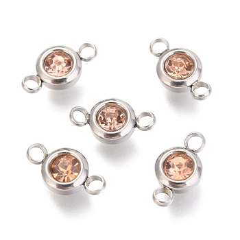 304 Stainless Steel Rhinestone Links Connectors, Flat Round, Stainless Steel Color, Light Peach, 12x6.5x4mm, Hole: 2mm