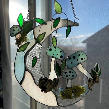 Moon with Mushroom Acrylic Pendant Decrations, Hanging Pendant for Window Doors Home Decoration, Aqua, 250mm