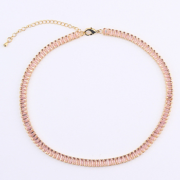 Cubic Zirconia Classic Tennis Necklace, Golden Brass Rectangle Link Chain Necklaces, Pink, 12.99 inch(33cm)