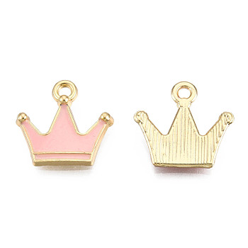 Alloy Pendants, with Enamel, Light Gold, Crown, Pink, 15x16x2.5mm, Hole: 2mm