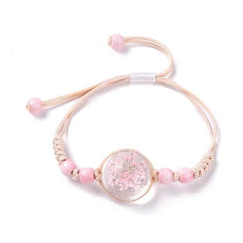 Handmade Dry Pressed Flower Link Bracelet for Girl Women, Babysbreath Glass Cover Beads Adjustable Bracelet, Pink, Inner Diameter: 5/8~ 3-1/8 inch(1.5~7.9cm)