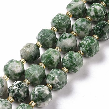 Natural Green Spot Jasper Beads Strands, with Seed Beads, Faceted Bicone Barrel Drum, 9~10mm, Hole: 1.2mm, about 29~32pcs/strand, 14.45~14.84 inch(36.7~37.7cm)