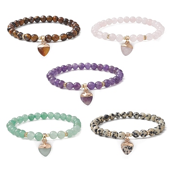 Natural Mixed Gemstone Round Beaded Stretch Bracelets, with Heart Charms, Inner Diameter: 2-1/8~2-1/4 inch(5.4~5.6cm)