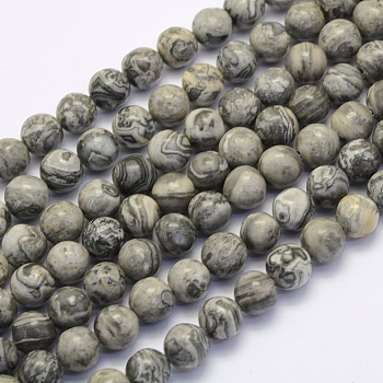 Natural Map Stone/Picasso Stone/Picasso Jasper Beads Strands, Round, 8~8.5mm, Hole: 1mm, about 49pcs/strand, 15.7 inch(40cm)