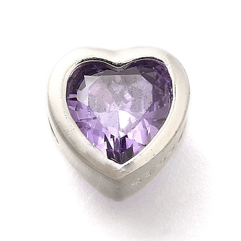 925 Sterling Silver Cubic Zirconia Beads, Heart, with 925 Stamp, Silver Color Plated, Lilac, 6.5x6.5x4.5mm, Hole: 1.5mm