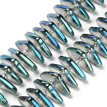 Electroplate Glass Beads Strands, Triangle, Dark Cyan, 9x15.5~16x2.8~3mm,Hole:1mm, about 119~131pcs/strand, 24.21''~24.41''(61.5~62cm)