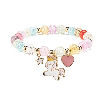 Candy Color Round Beaded Stretch Bracelet with Heart Unicorn Charm for Women, Colorful, Inner Diameter: 2 inch(5cm)