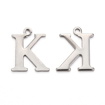 304 Stainless Steel Alphabet Charms, Stainless Steel Color, Letter.K, 12x10x1mm, Hole: 1mm