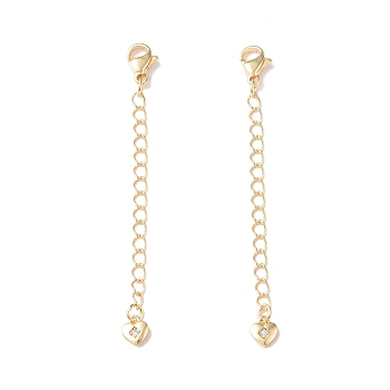 Brass Curb Chain Extenders with Micro Pave Cubic Zirconia Heart Charm, Lobster Claw Clasp, Real 18K Gold Plated, 67mm