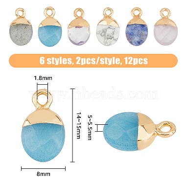 12Pcs 6 Styles Electroplated Natural & Synthetic Mixed Gemstone Faceted Oval Charms(G-FH0002-15)-2