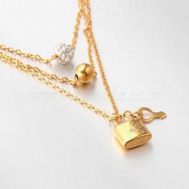 304 Stainless Steel Crystal Rhinestone Ball Ear Studs and 3-Layer Lock Pendant Necklaces Jewelry Sets(SJEW-L386-01)-2