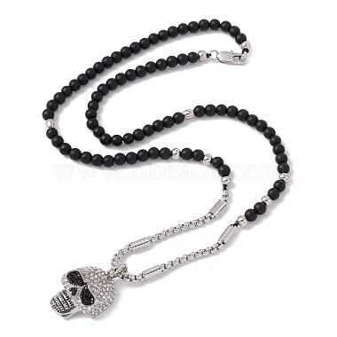 Collier pendentif tête de mort en strass avec perles d'agate noire naturelle(NJEW-B083-01)-2