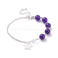 Natural Malaysia Jade(Dyed) Beaded Bracelet with 304 Stainless Steel Rolo Chains, Shell Star Charm Bracelet for Women, Silver, 7-3/8 inch(18.8cm)(BJEW-JB08145-01)
