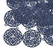 430 Stainless Steel Filigree Pendants, Spray Painted, Etched Metal Embellishments, Flat Round, Marine Blue, 22x20x0.3mm, Hole: 1.5mm(X-STAS-T042-10A)