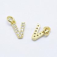 Brass Micro Pave Grade AAA Cubic Zirconia Charms, Letter V, Cadmium Free & Nickel Free & Lead Free, Real 18K Gold Plated, 9x6x1.5mm, Hole: 2mm(X-ZIRC-P067-11G-V-NR)