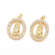 Brass Micro Pave Clear Cubic Zirconia Pendants, Lady of Guadalupe Charms, Long-Lasting Plated, Oval with Virgin Mary, Golden, 36x26.5x3mm, Hole: 5.5x3mm(ZIRC-G152-48G)