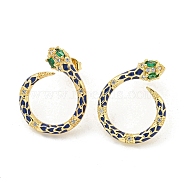 Snake Real 18K Gold Plated Brass Dangle Earrings, with Enamel and Cubic Zirconia, Dark Blue, 20.5x16.5mm(EJEW-L269-109G)