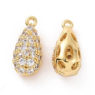 Brass Micro Pave Clear Cubic Zirconia Charms, Teardrop Charm, Real 18K Gold Plated, 14x6.5x6mm, Hole: 1mm(ZIRC-F133-03G)